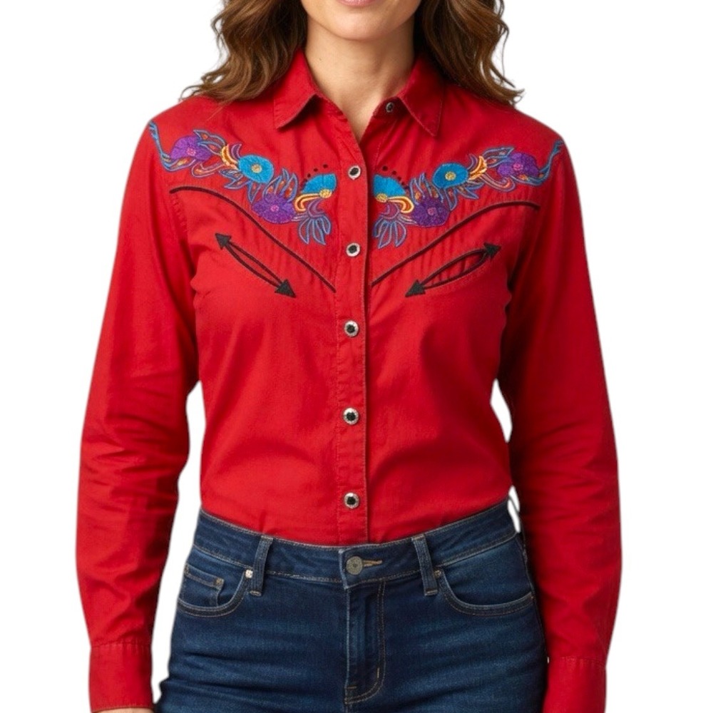 Vtg Dakota Rodeo 100% Cotton‎ Red Western Embroidered Floral Button Down Shirt M